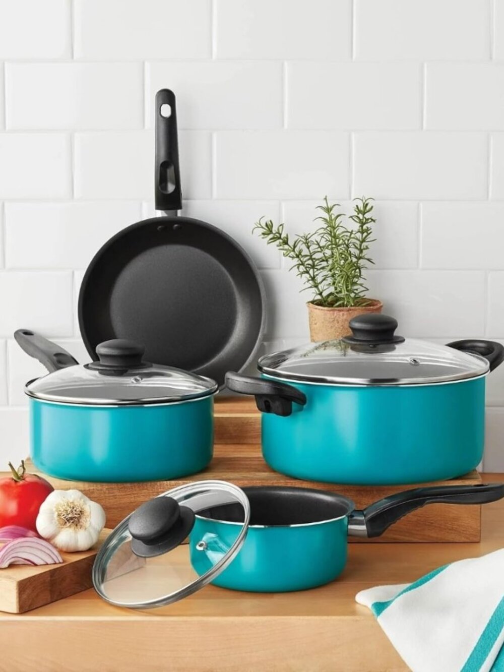 NEW 7 Piece Non-Stick Cookware Set Aluminum Teal, Dishwasher Safe